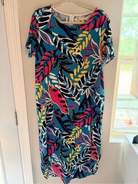 P & Rose Tropical Leaf Print Short Sleeve Dress - Blue/Multi